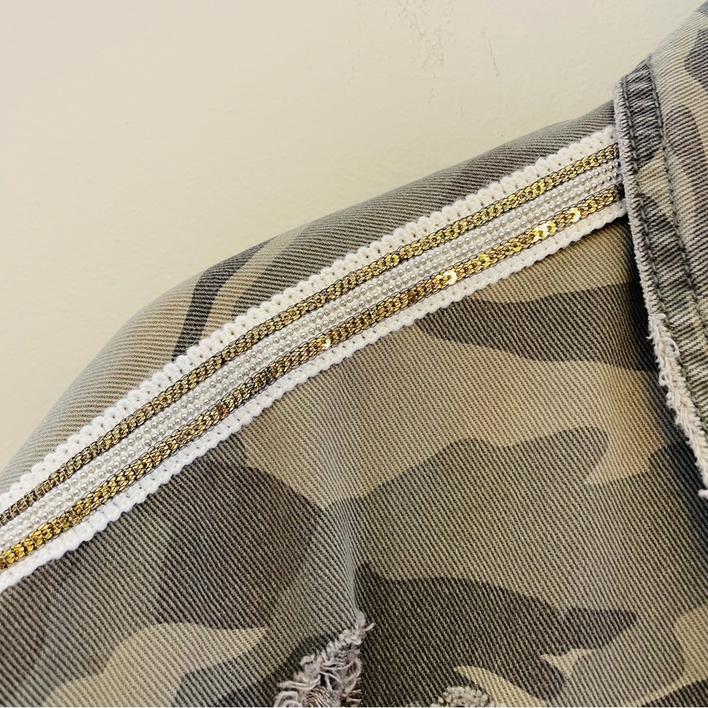 Zara Camo Denim Utility Distressed Oversized Jacket with Sequins Small Unisex - Picture 6 of 10